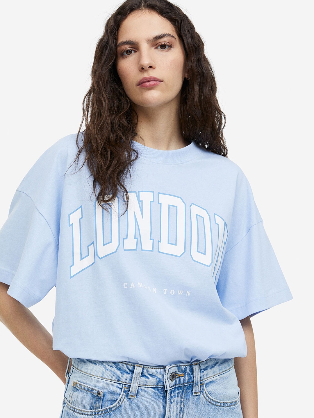 

H&M Pure Cotton Oversized Printed T-shirt, Blue