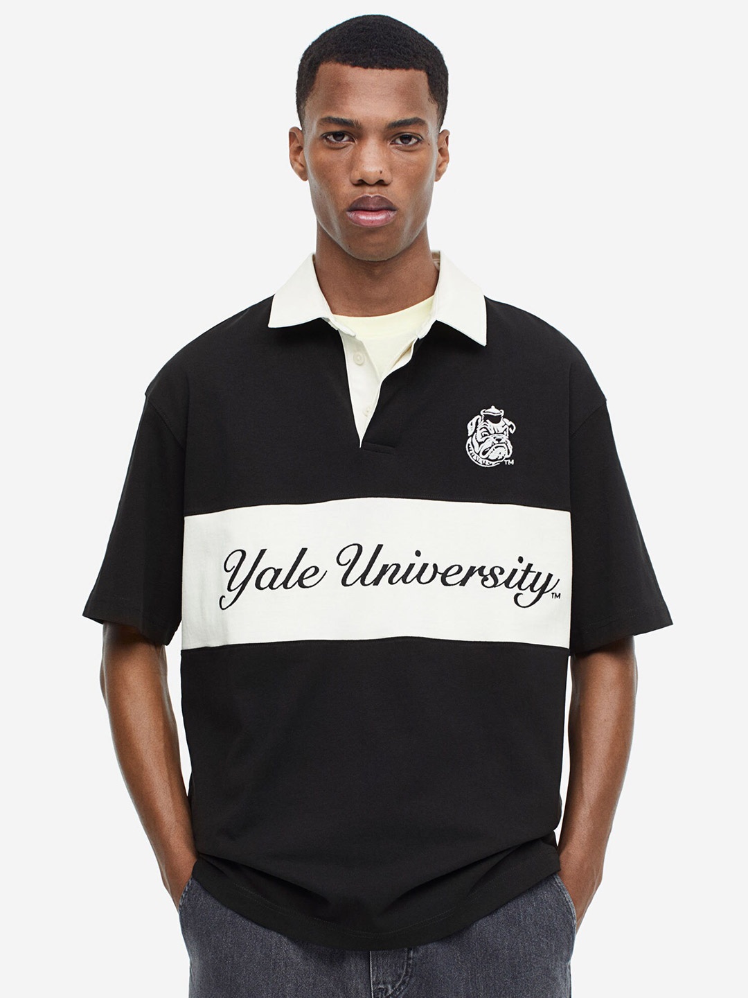 

H&M Pure Cotton Relaxed Fit Motif-Detail Polo Shirt, Black
