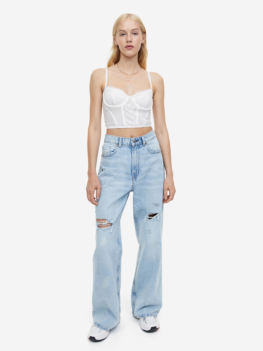 

H&M Lace-Detail Mesh Bustier Top, White