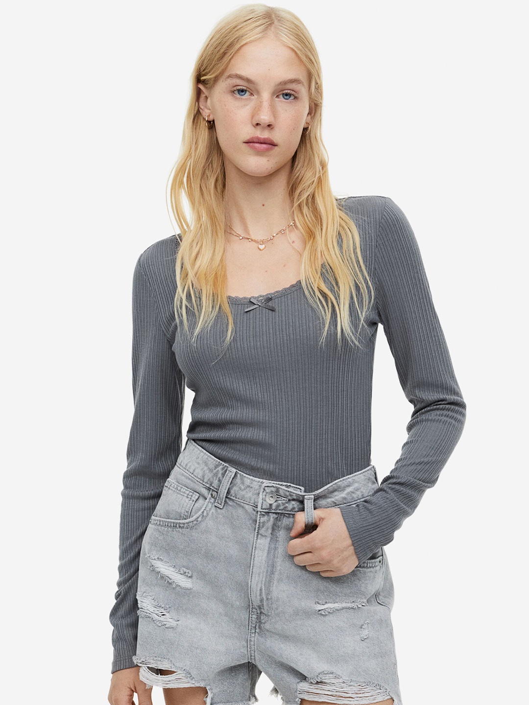 

H&M Lace-Trimmed Ribbed Top, Grey