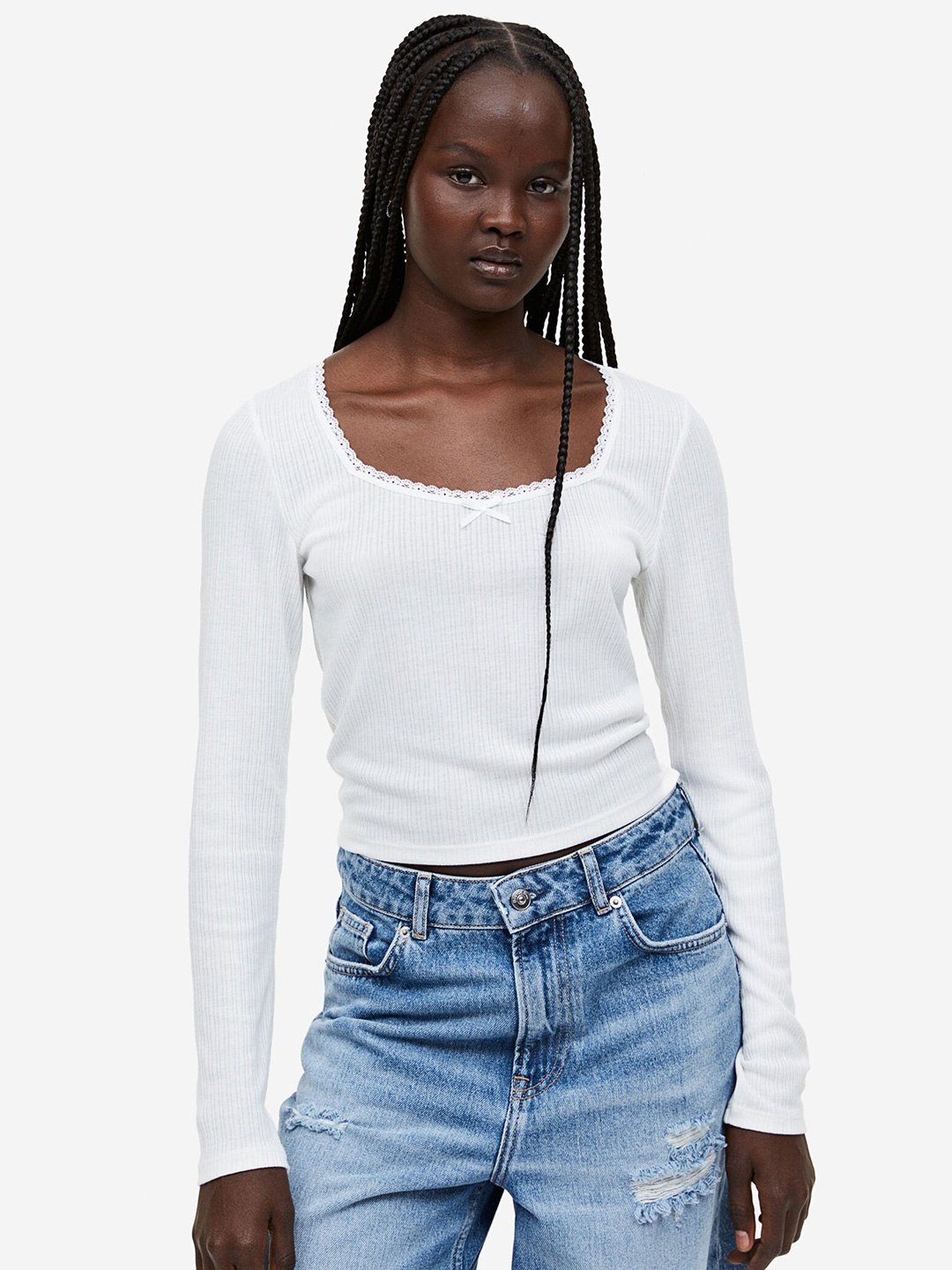

H&M Lace-Trimmed Ribbed Top, White