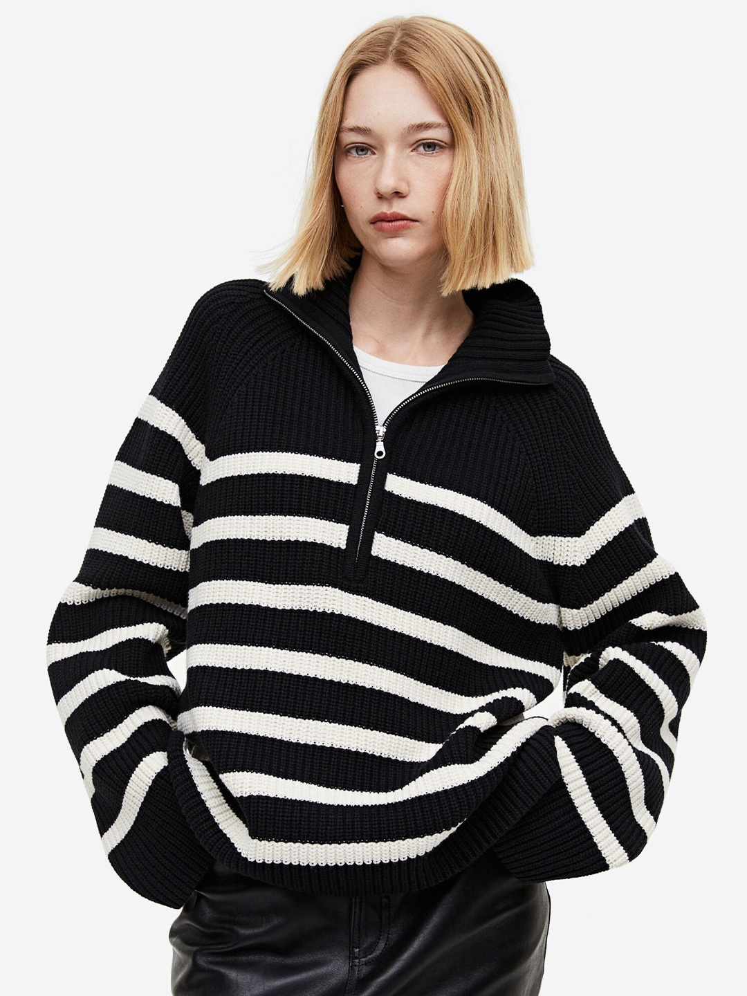 

H&M Rib-Knit Half-Zip Jumper, Black