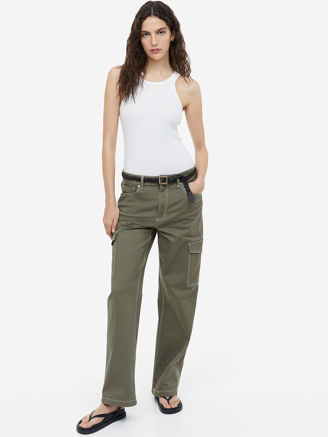 

H&M Women Cotton Cargo Trousers, Green