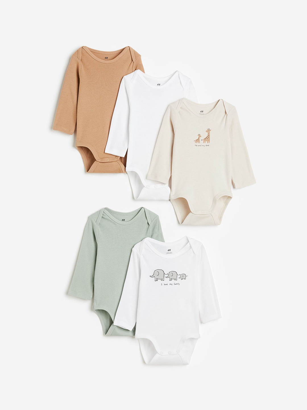 

H&M Infant Girls 5-Pack Long-Sleeved Bodysuits, Beige