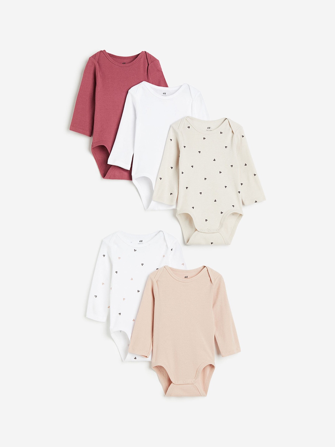 

H&M Infant Girls 5-Pack Long-Sleeved Bodysuits, Beige