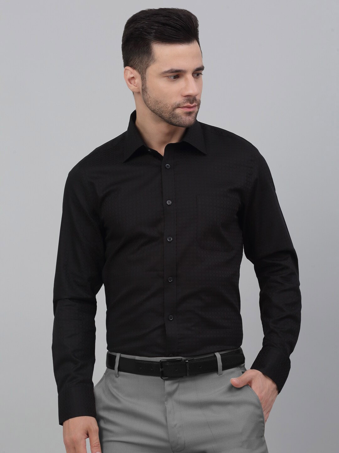 

MUTAQINOTI Comfort Textured Opaque Premium Cotton Formal Shirt, Black