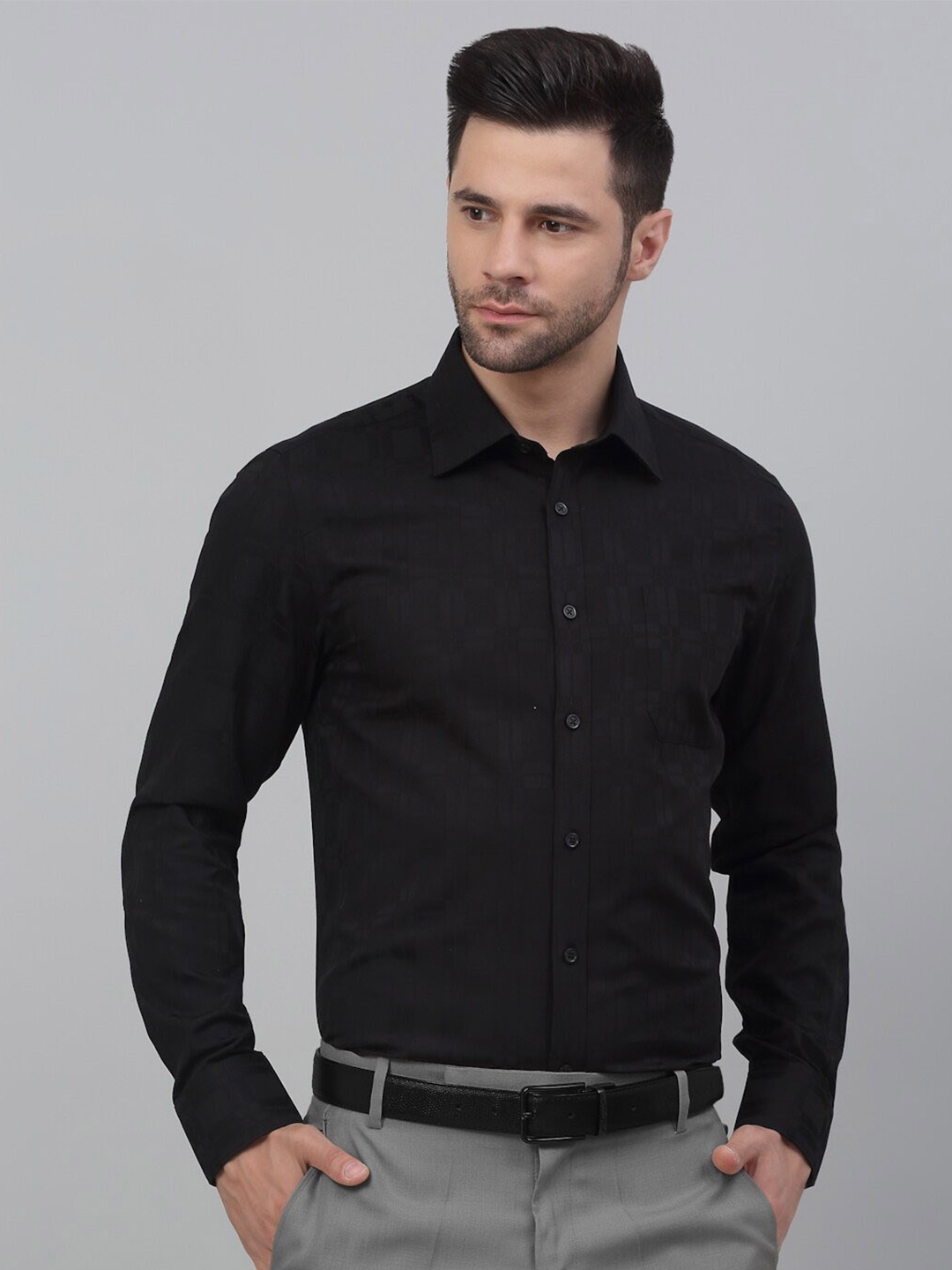 

MUTAQINOTI Comfort Textured Opaque Premium Cotton Formal Shirt, Black