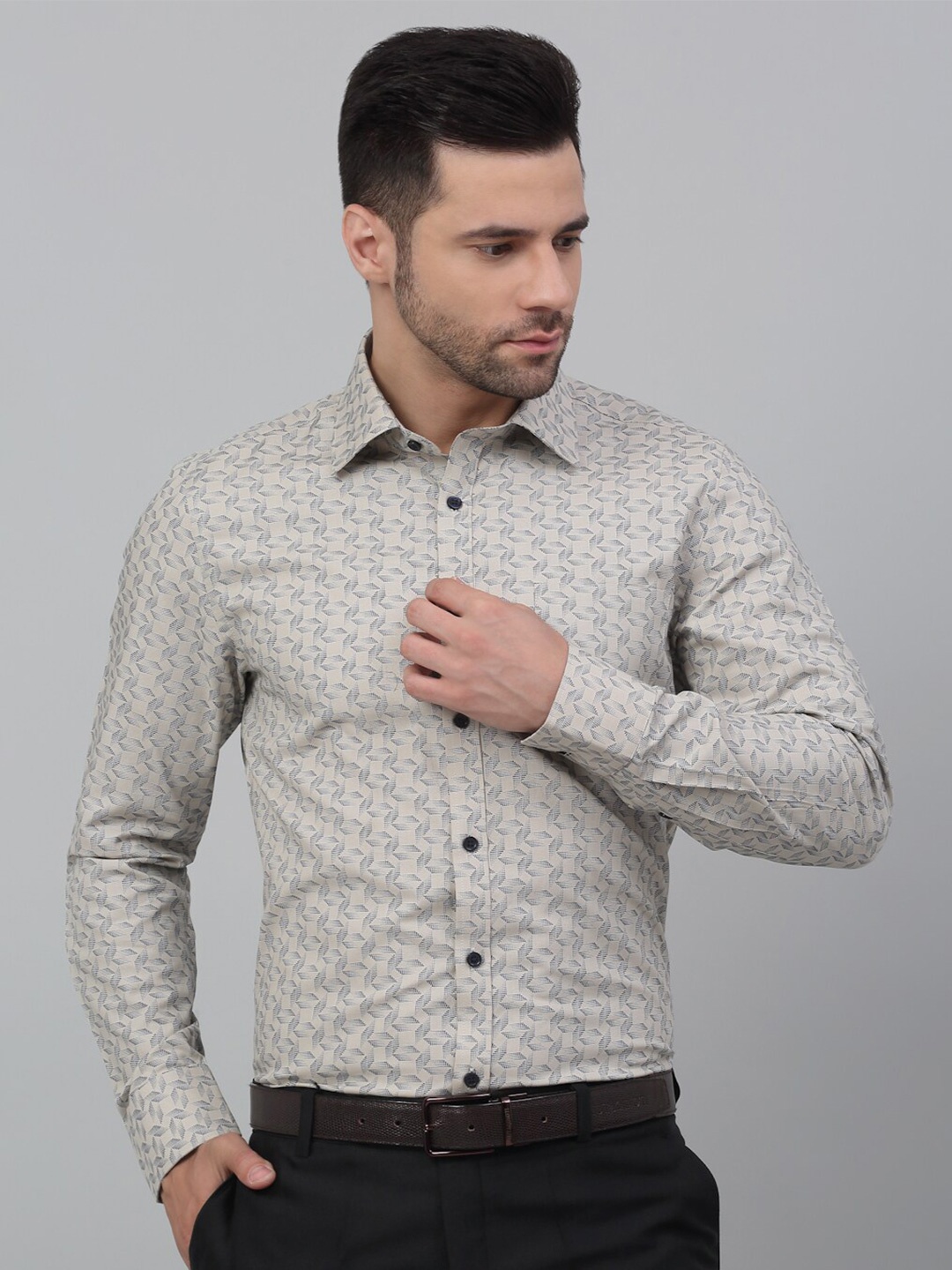 

MUTAQINOTI Comfort Geometric Opaque Printed Premium Cotton Formal Shirt, Beige