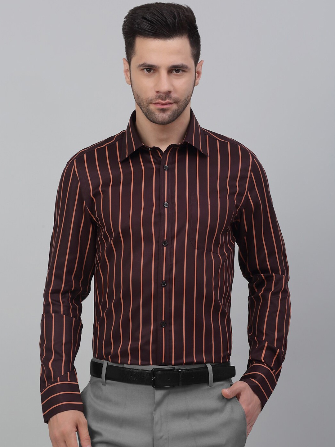 

MUTAQINOTI Comfort Opaque Striped Premium Cotton Formal Shirt, Maroon
