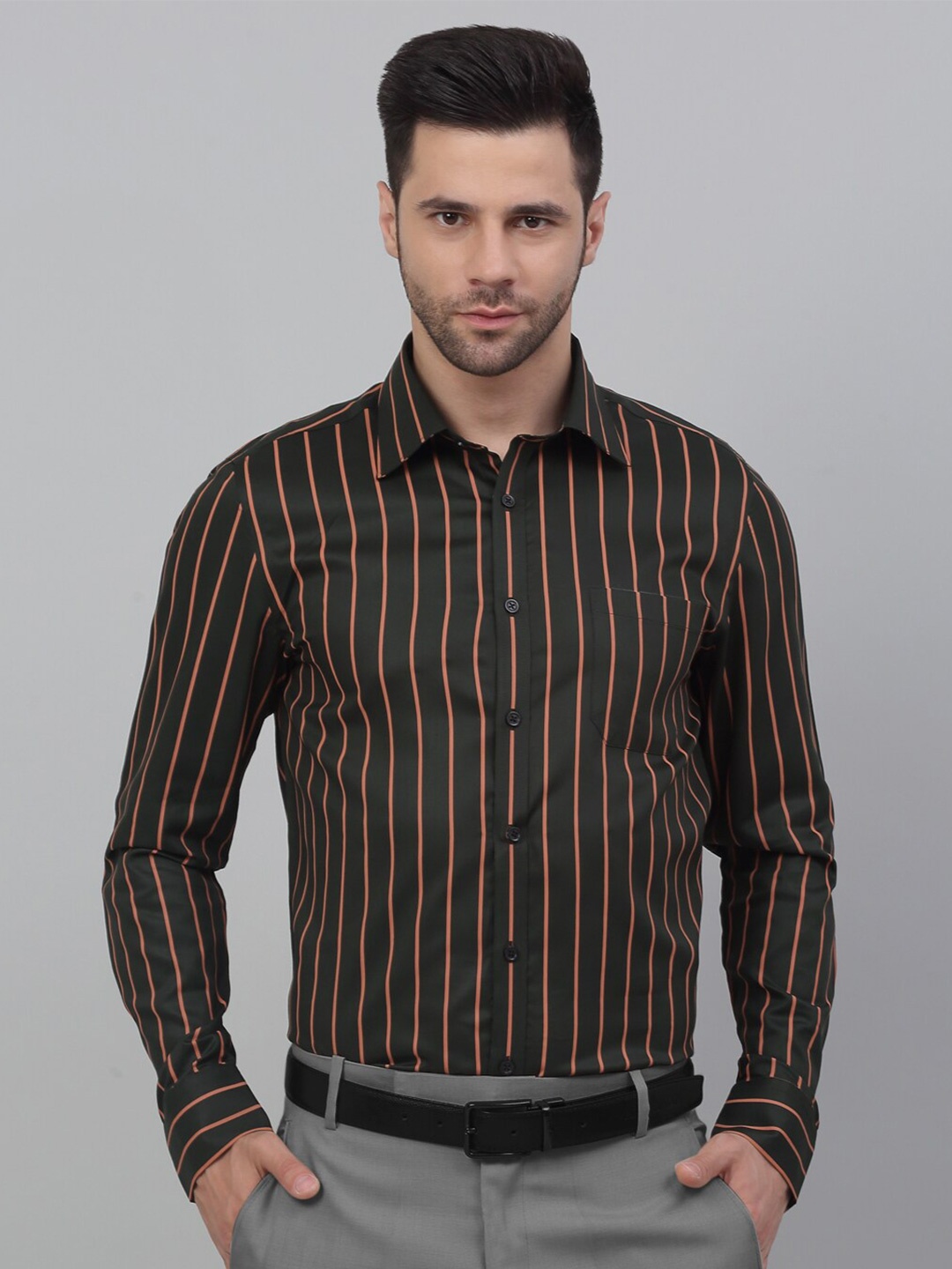 MUTAQINOTI Comfort Opaque Striped Premium Cotton Formal Shirt, Green