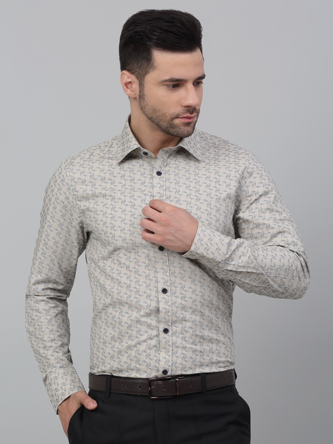 

MUTAQINOTI Comfort Geometric Opaque Printed Premium Cotton Formal Shirt, Beige
