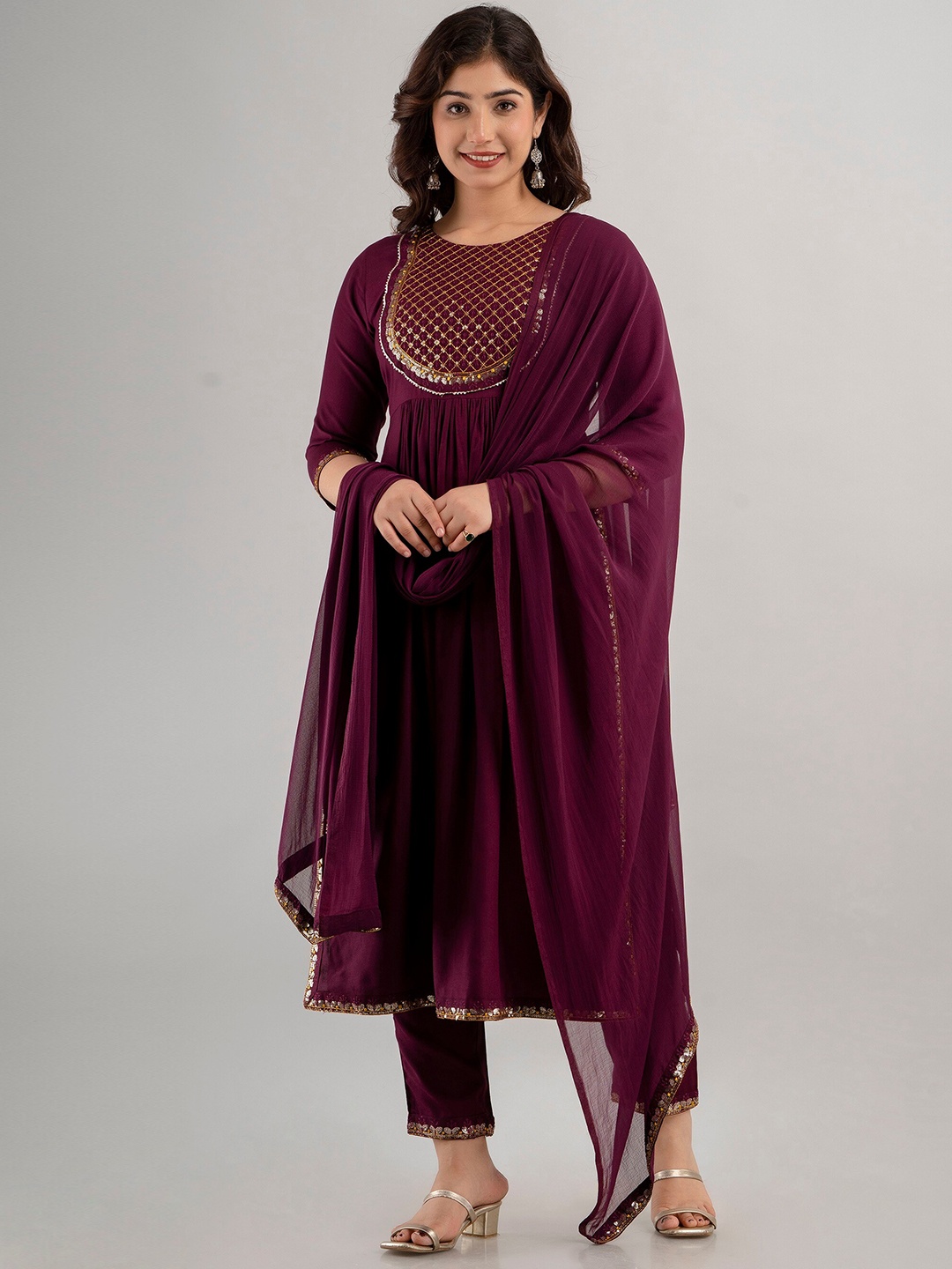 

CKM Women Regular Sequinned Kurta With Trousers & Dupatta, Burgundy