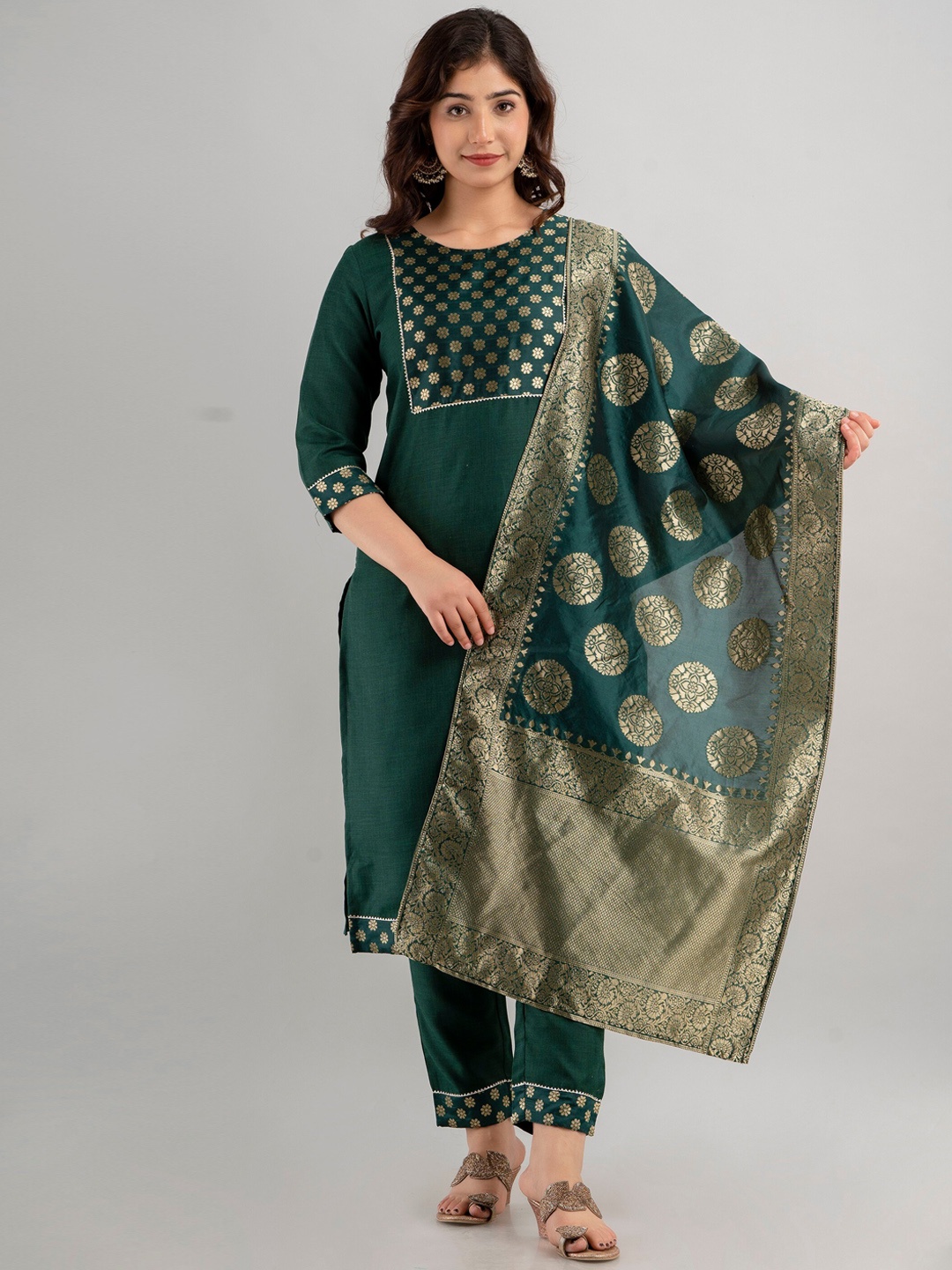 

CKM Women Brocade Kurta With Trousers & Dupatta, Green