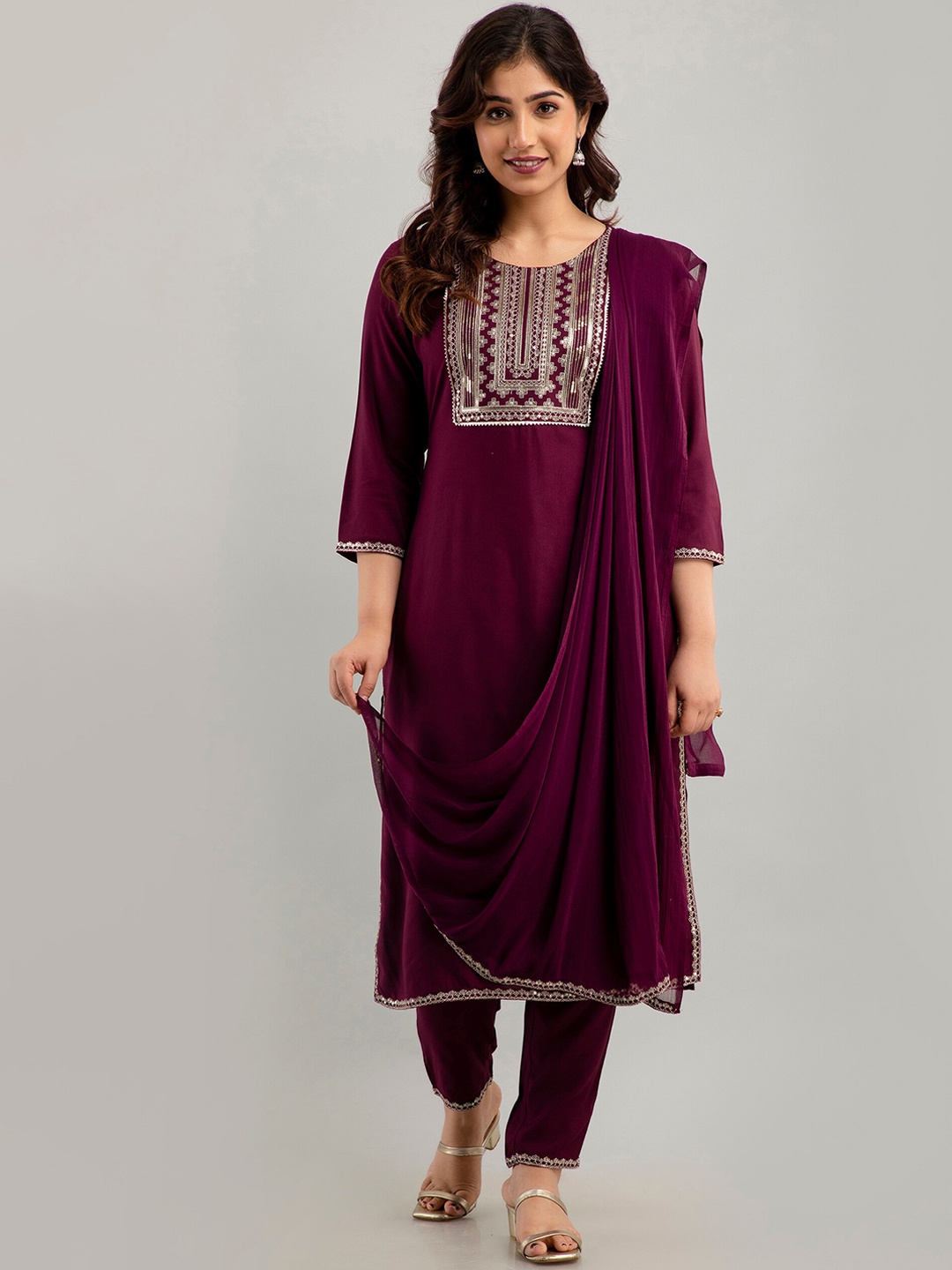 

CKM Ethnic Motifs Embroidered Regular Kurta with Trousers & With Dupatta, Violet