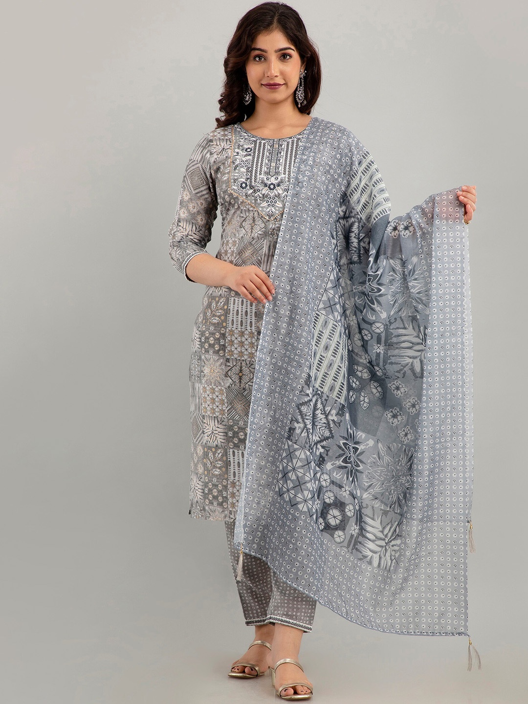 

CKM Floral Embroidered Regular Thread Work Kurta with Trousers & With Dupatta, Grey