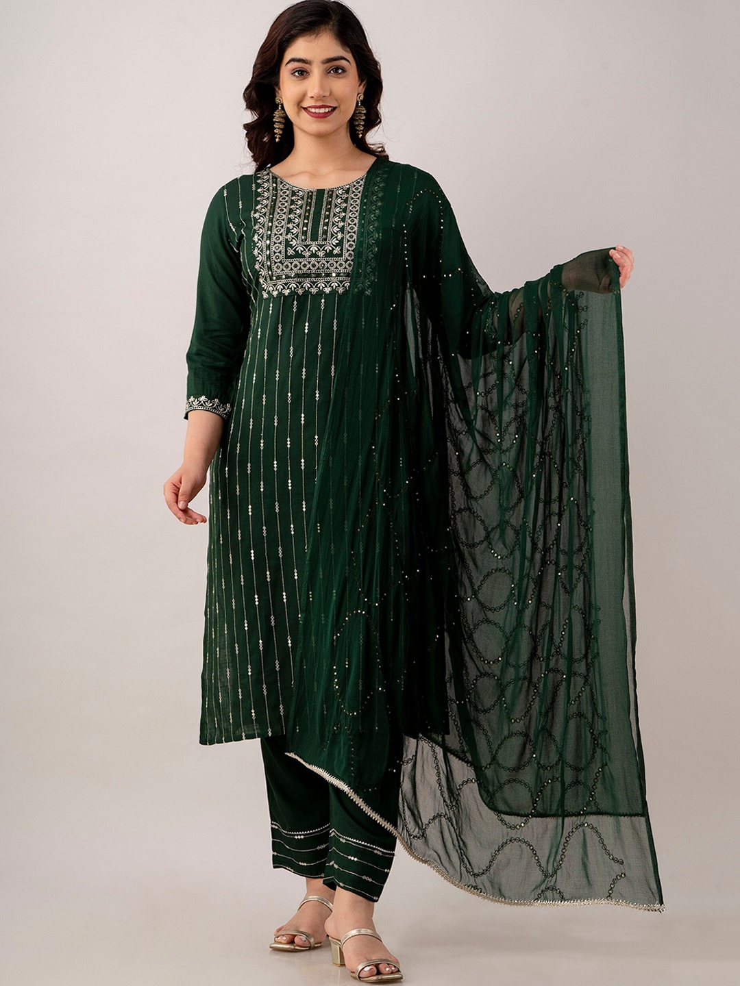 

CKM Embroidered Regular Sequinned Kurta with Trousers & With Dupatta, Green