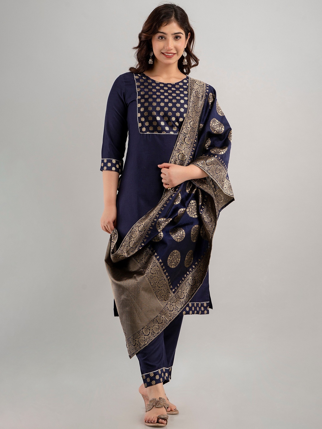 

CKM Yoke Design Regular Gotta Patti Kurta with Trousers & With Dupatta, Navy blue
