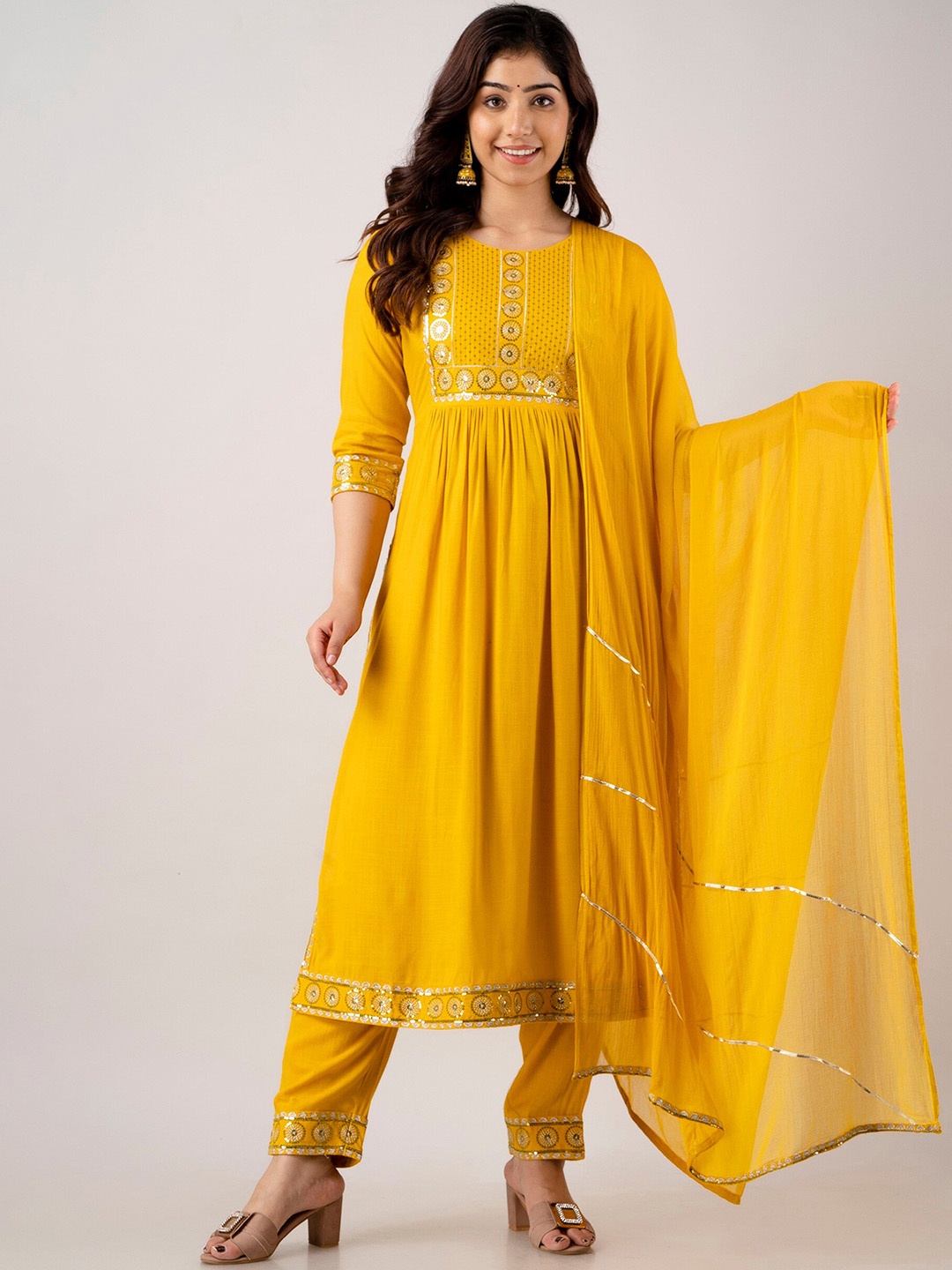 

CKM Embroidered High Slit Sequinned Kurta with Trousers & With Dupatta, Mustard