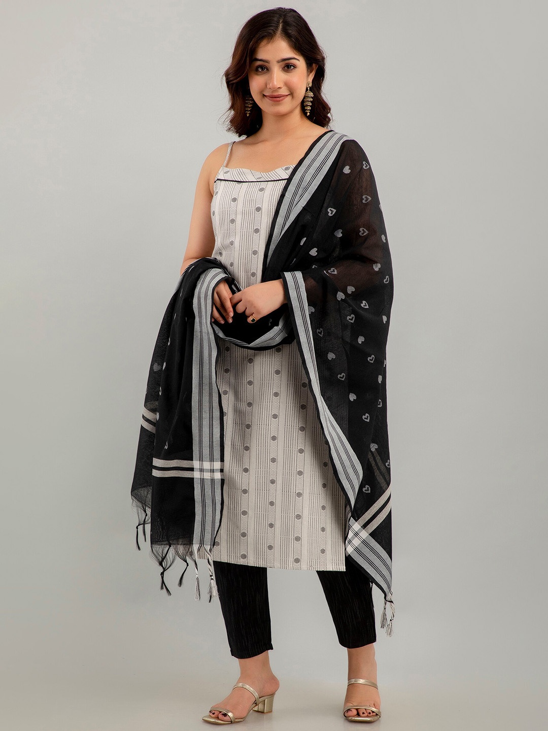 

CKM Striped Regular Kurta with Trousers & With Dupatta, Off white