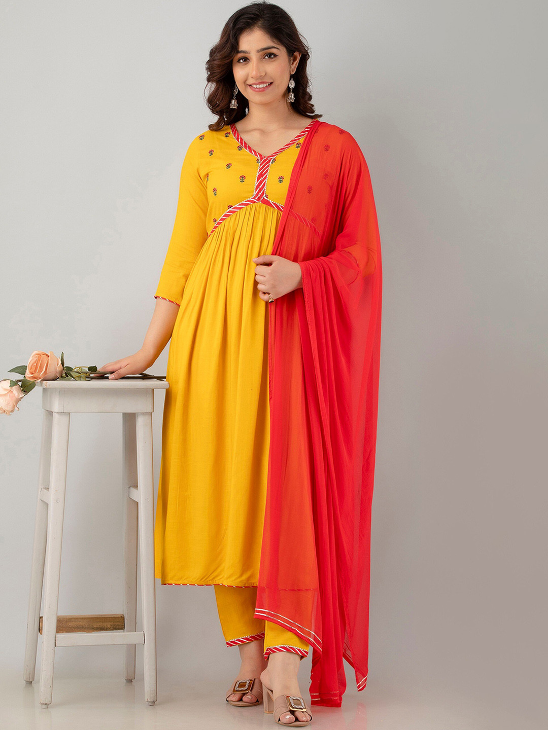 

CKM Embroidered High Slit Gotta Patti Kurta with Trousers & With Dupatta, Mustard