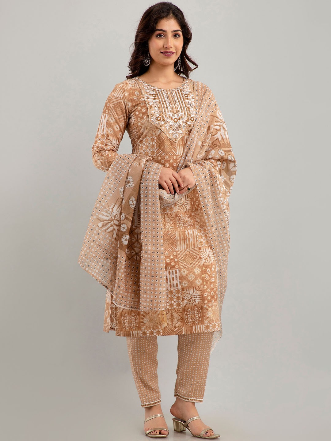 

CKM Printed Regular Thread Work Kurta with Trousers & With Dupatta, Brown