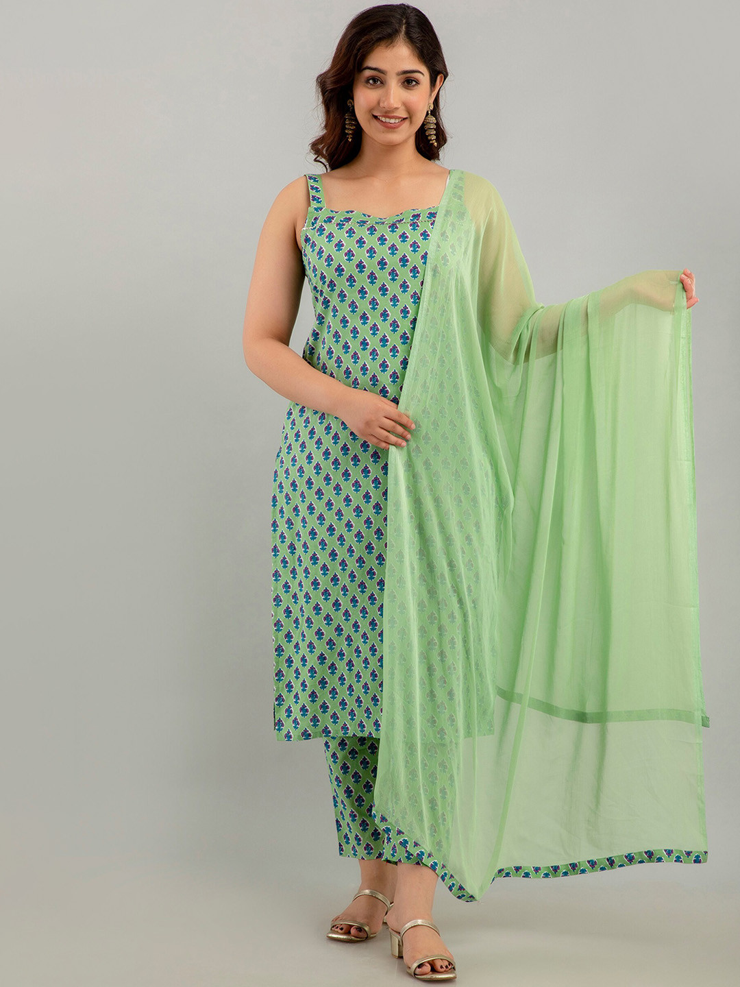

CKM Floral Printed Pure Cotton Kurta with Trousers & Dupatta, Green