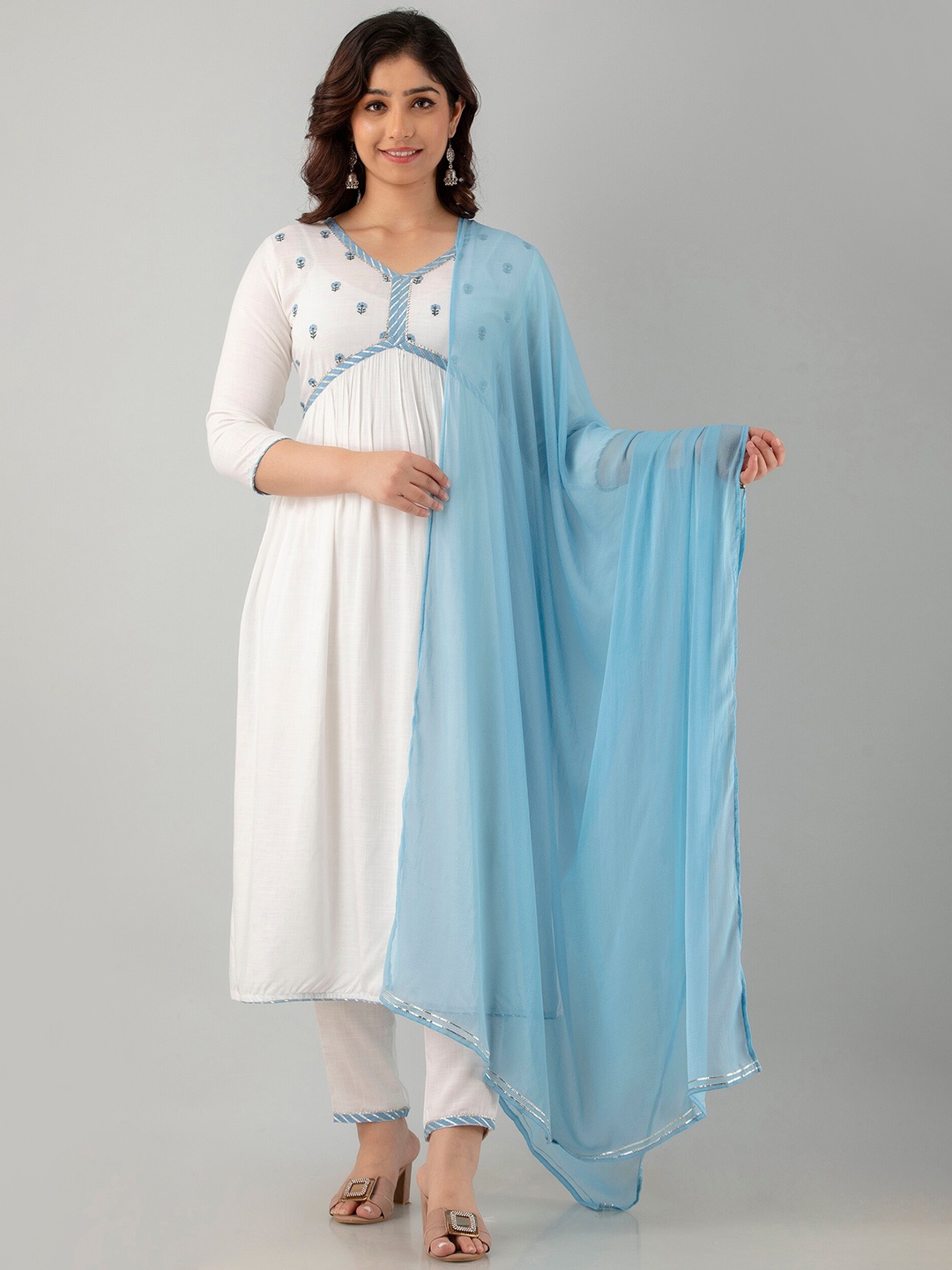 

CKM Embroidered High Slit Gotta Patti Kurta with Trousers & Dupatta, White