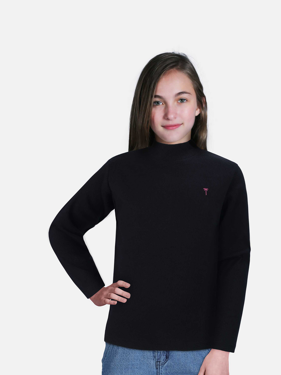 

Palm Tree Girls High Neck Cotton Top, Black