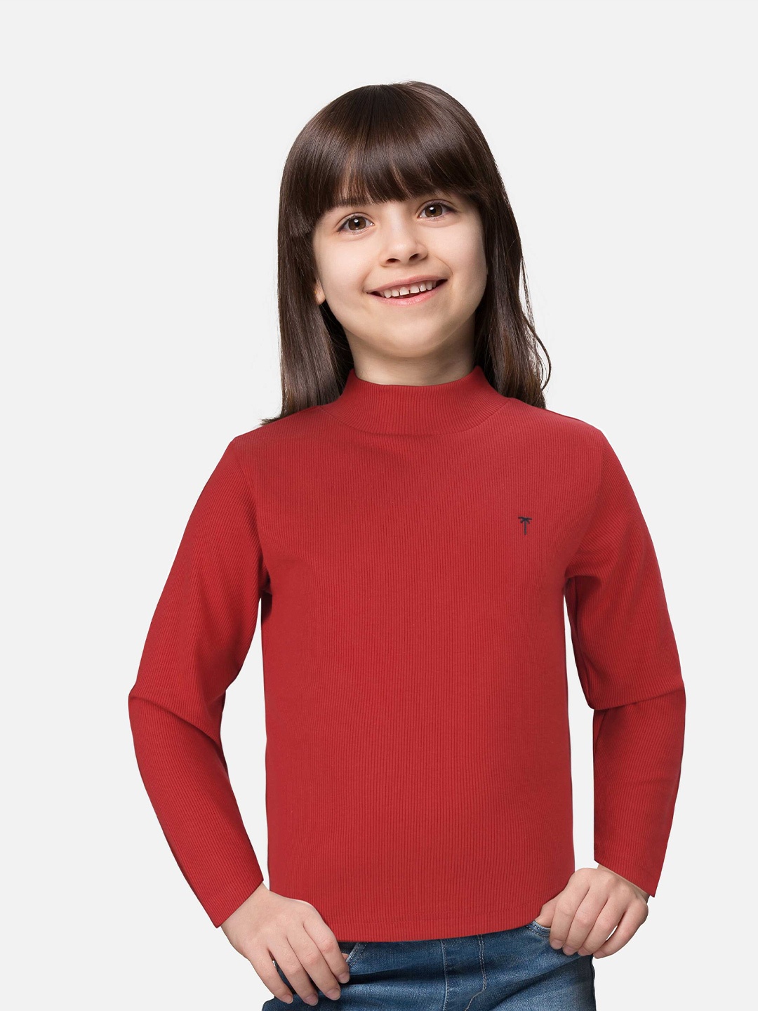 

Palm Tree Girls High Neck Cotton Top, Red