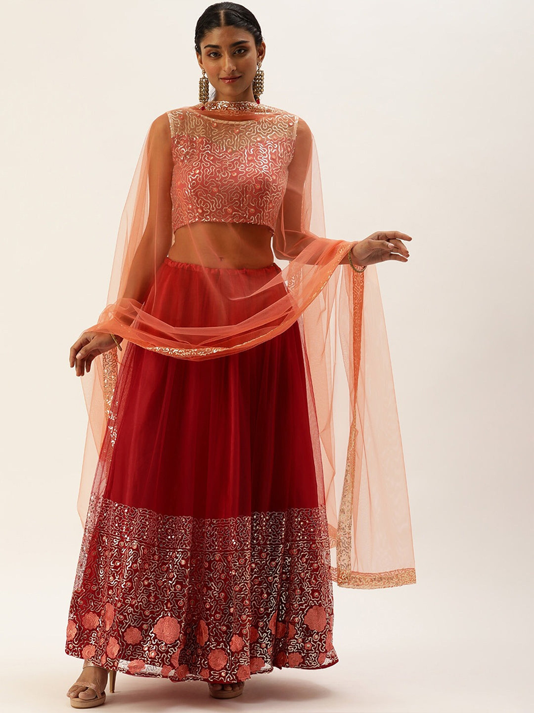 

UDBHAV TEXTILE Embroidered Semi-Stitched Lehenga & Unstitched Blouse With Dupatta, Red
