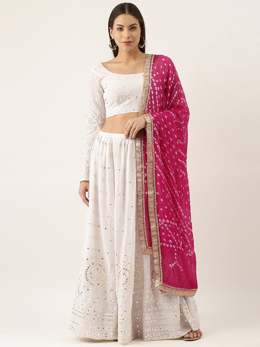 

UDBHAV TEXTILE Embroidered Semi-Stitched Lehenga & Unstitched Blouse With Dupatta, White