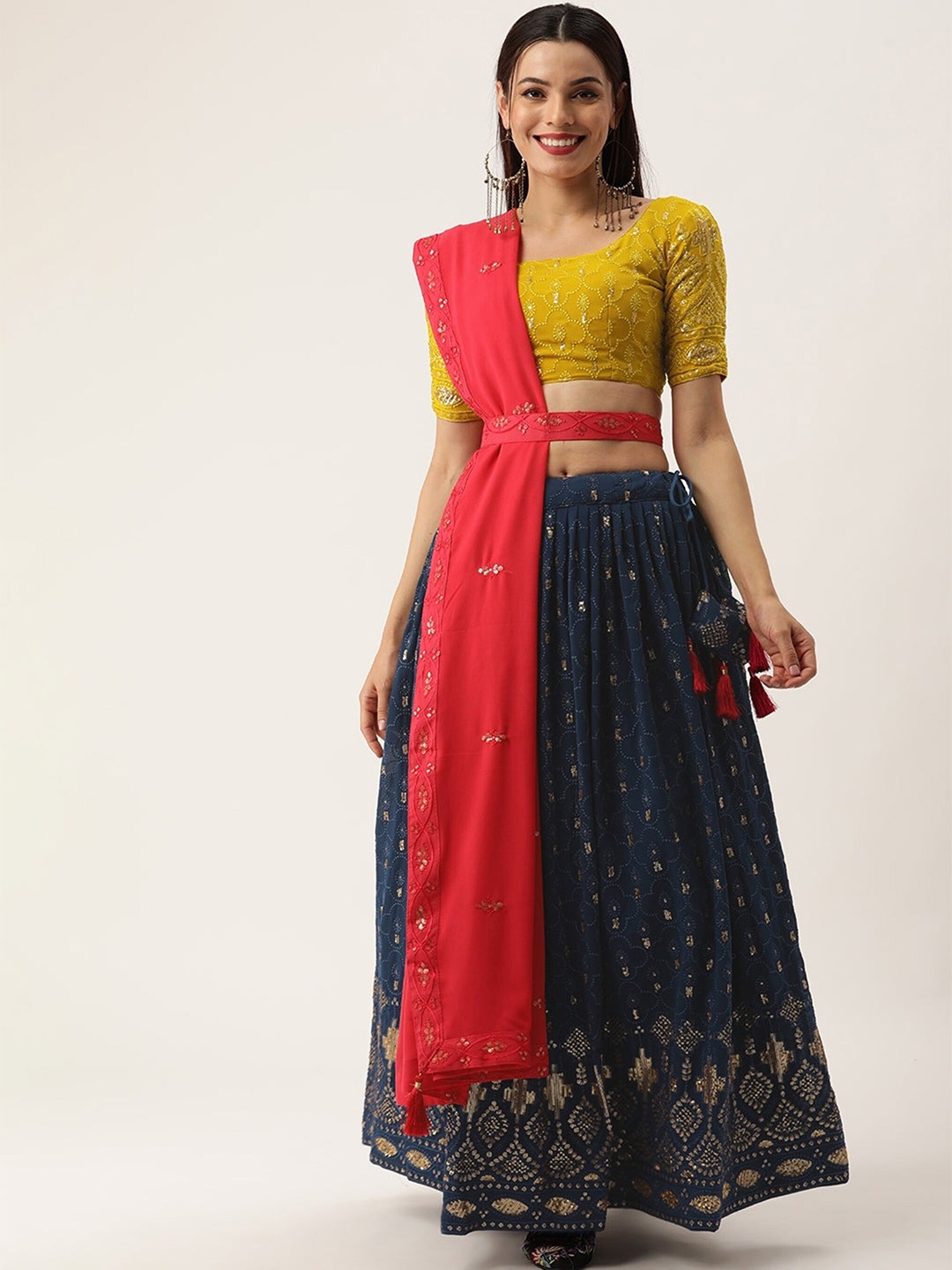 

UDBHAV TEXTILE Embroidered Semi-Stitched Lehenga & Unstitched Blouse With Dupatta, Navy blue