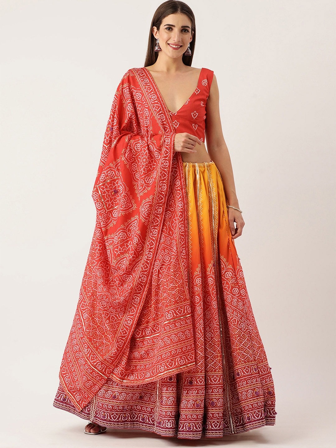 

UDBHAV TEXTILE Bandini Printed Semi-Stitched Lehenga & Unstitched Blouse With Dupatta, Orange
