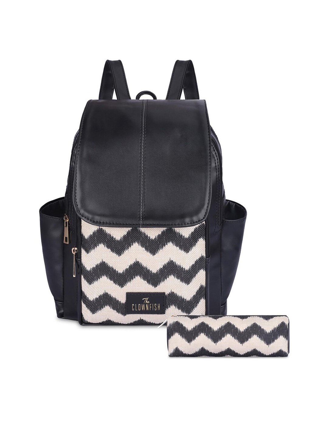 

THE CLOWNFISH Trekista Women Striped Backpack & Pencil Pouch, Black