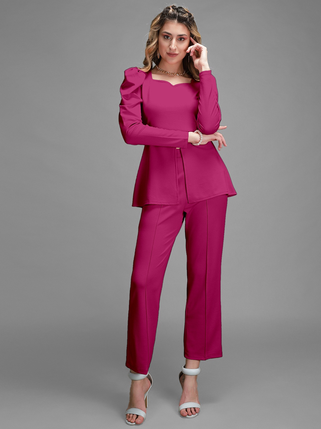 

Selvia Square Neck Front Slit Causal Top And Trouser, Pink