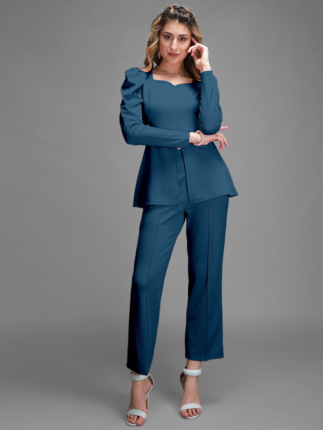 

Selvia Square Neck Front Slit Causal Top And Trouser, Teal