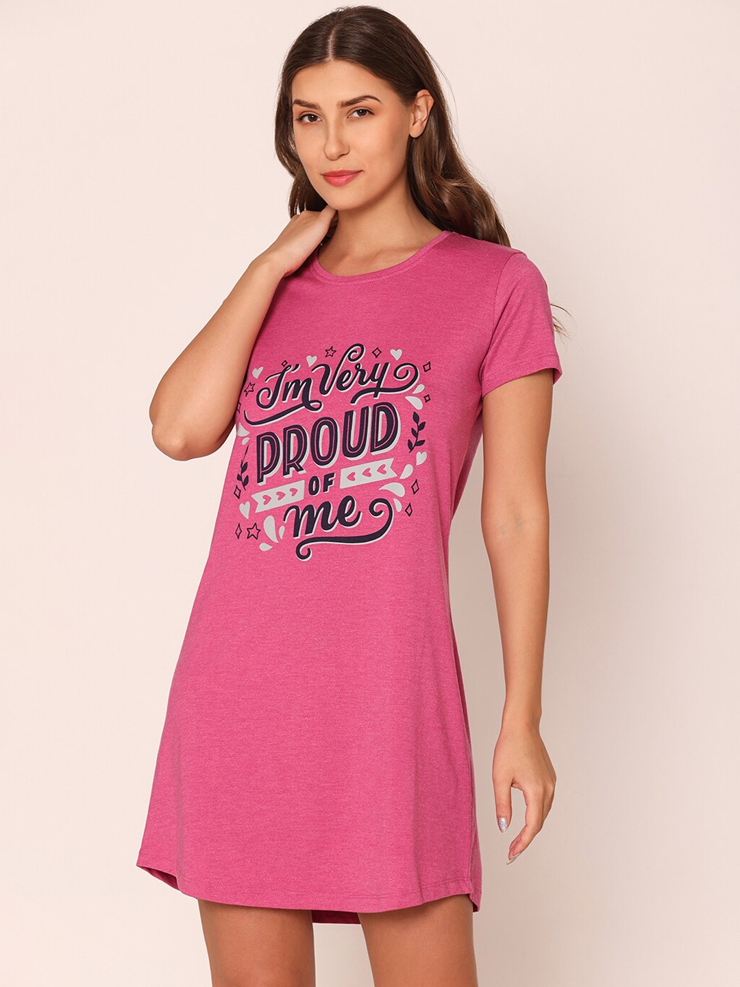

Vami Typography Printed Cotton T-shirt Nightdress, Pink