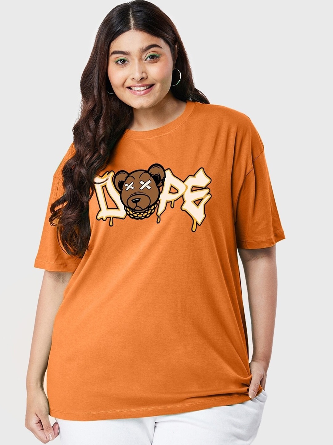 

Bewakoof Orange Dope Bear Graphic Printed Oversized Plus Size T-shirt
