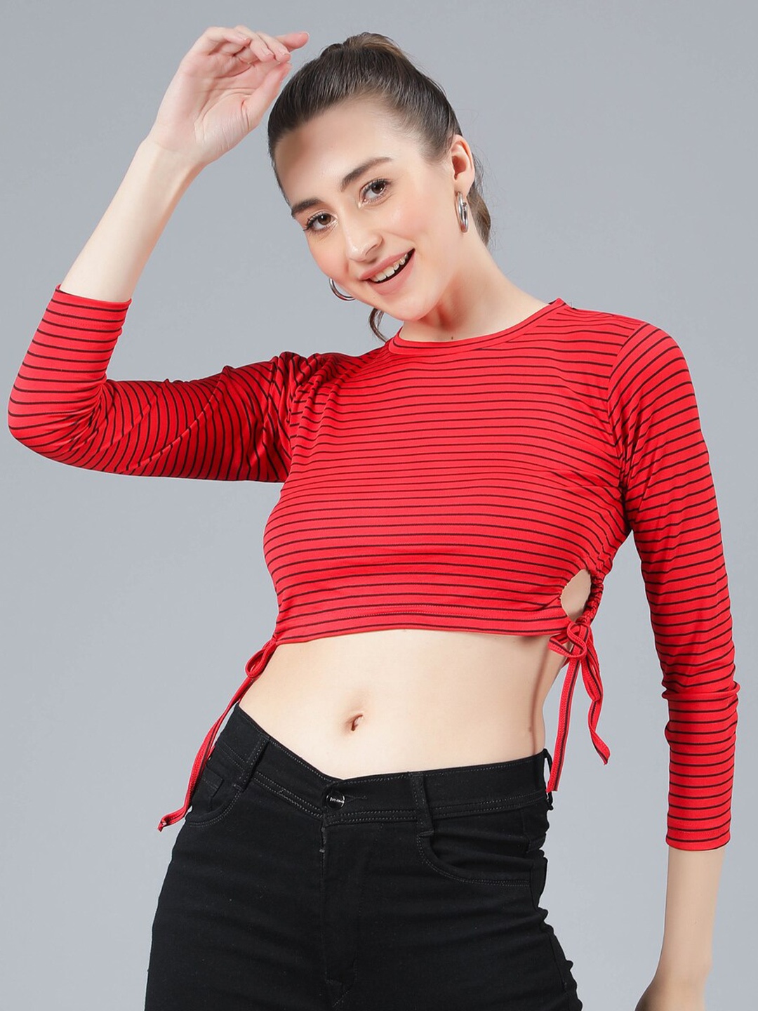 

Pritla Striped Full Sleeve Tie-Up Crop Top, Red