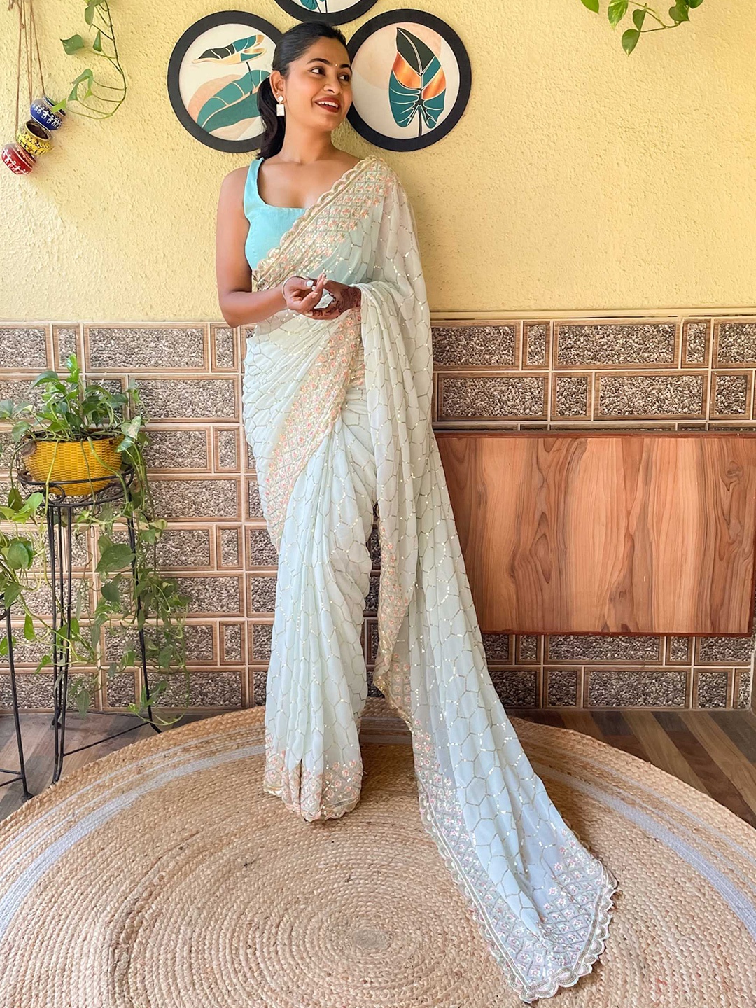Mitera Blue & Pink Embellished Sequinned Saree