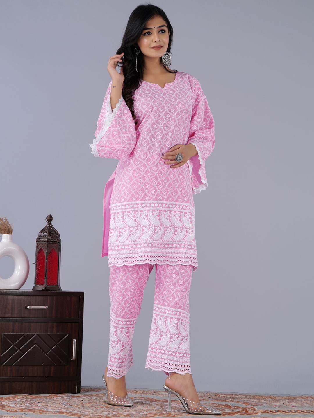 

KALINI Ethnic Motifs Embroidered Chikankari Pure Cotton Kurta With Trousers, Pink