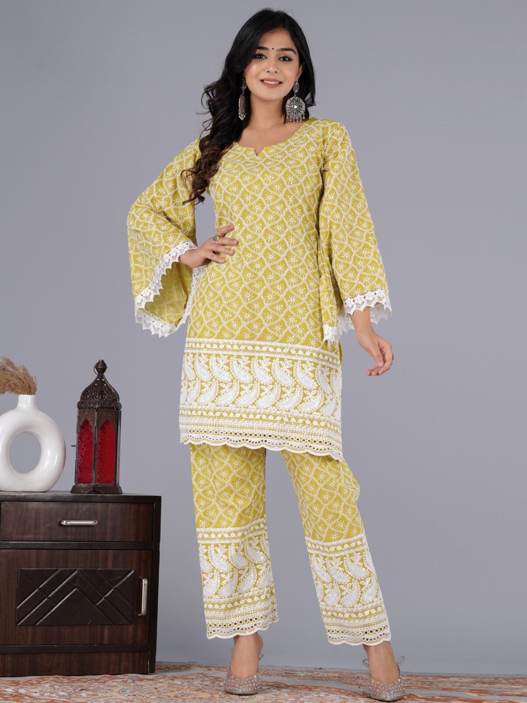 

KALINI Ethnic Motifs Embroidered Chikankari Pure Cotton Kurta With Trousers, Yellow