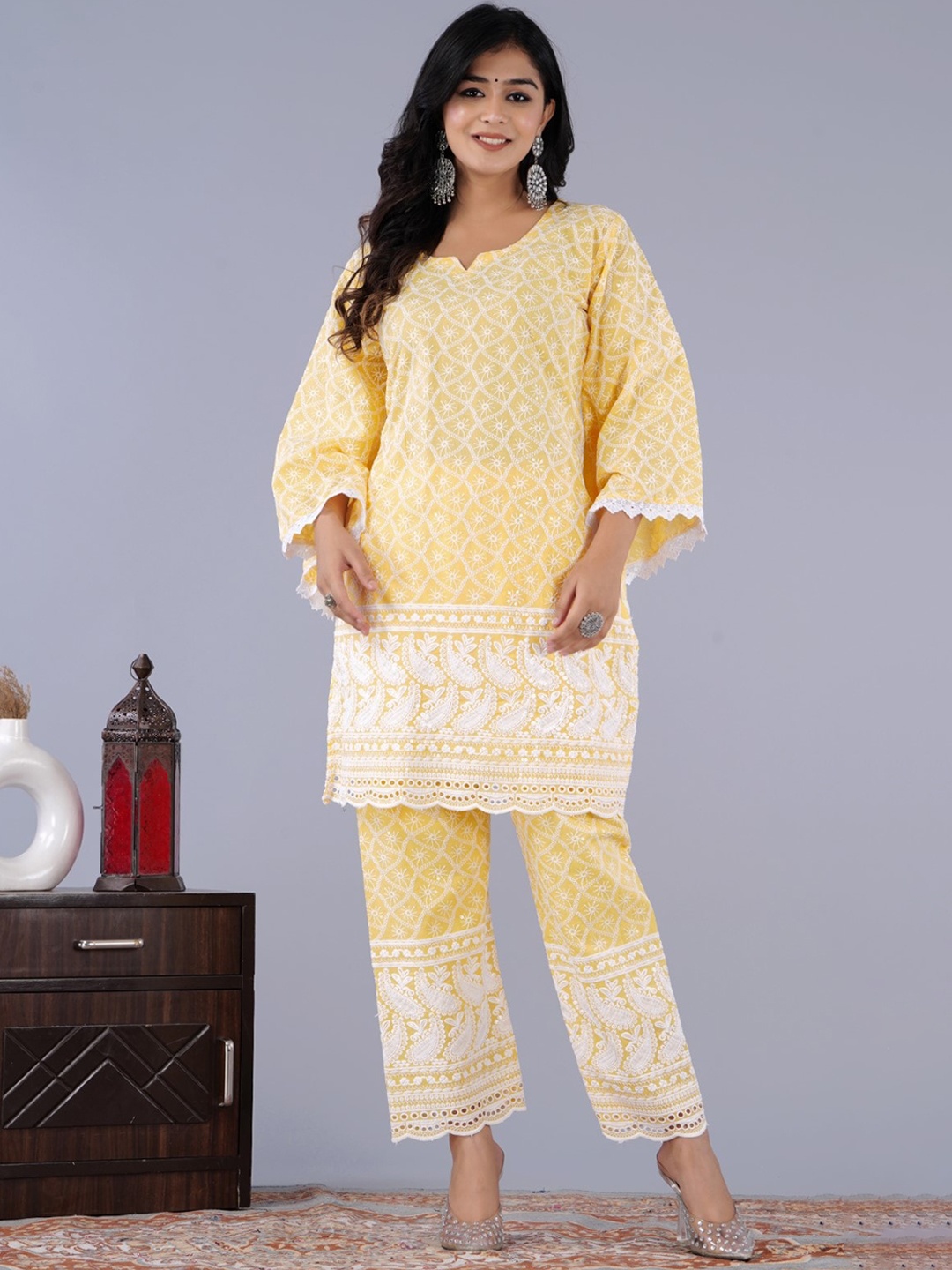 

KALINI Floral Embroidered Chikankari Pure Cotton Kurta with Trousers, Yellow
