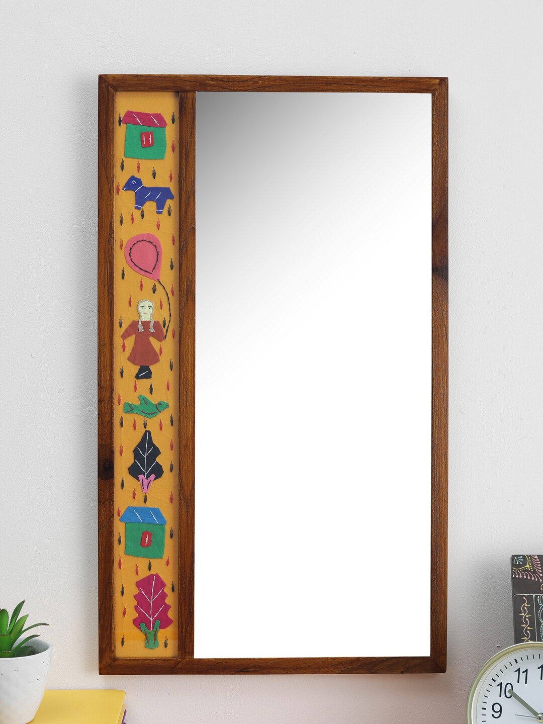 

VarEesha Sui-Dhaaga Yellow & Brown Textured Wooden Framed Wall Mirror