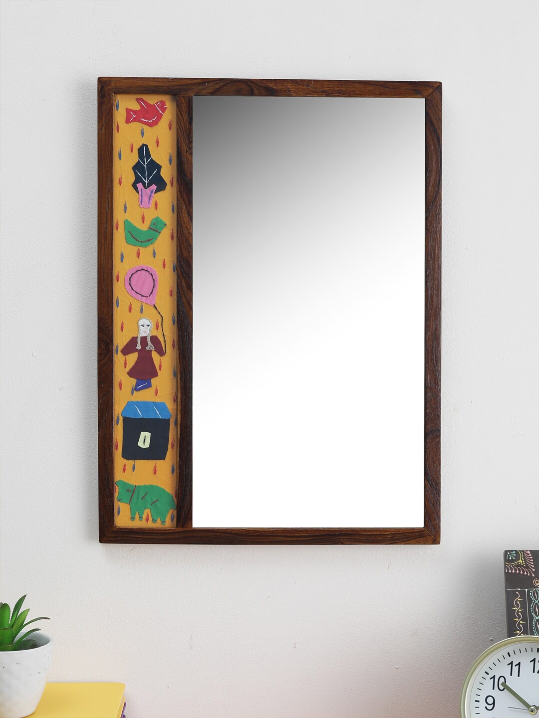 

VarEesha Sui-Dhaaga Yellow & Brown Textured Wooden Framed Wall Mirror
