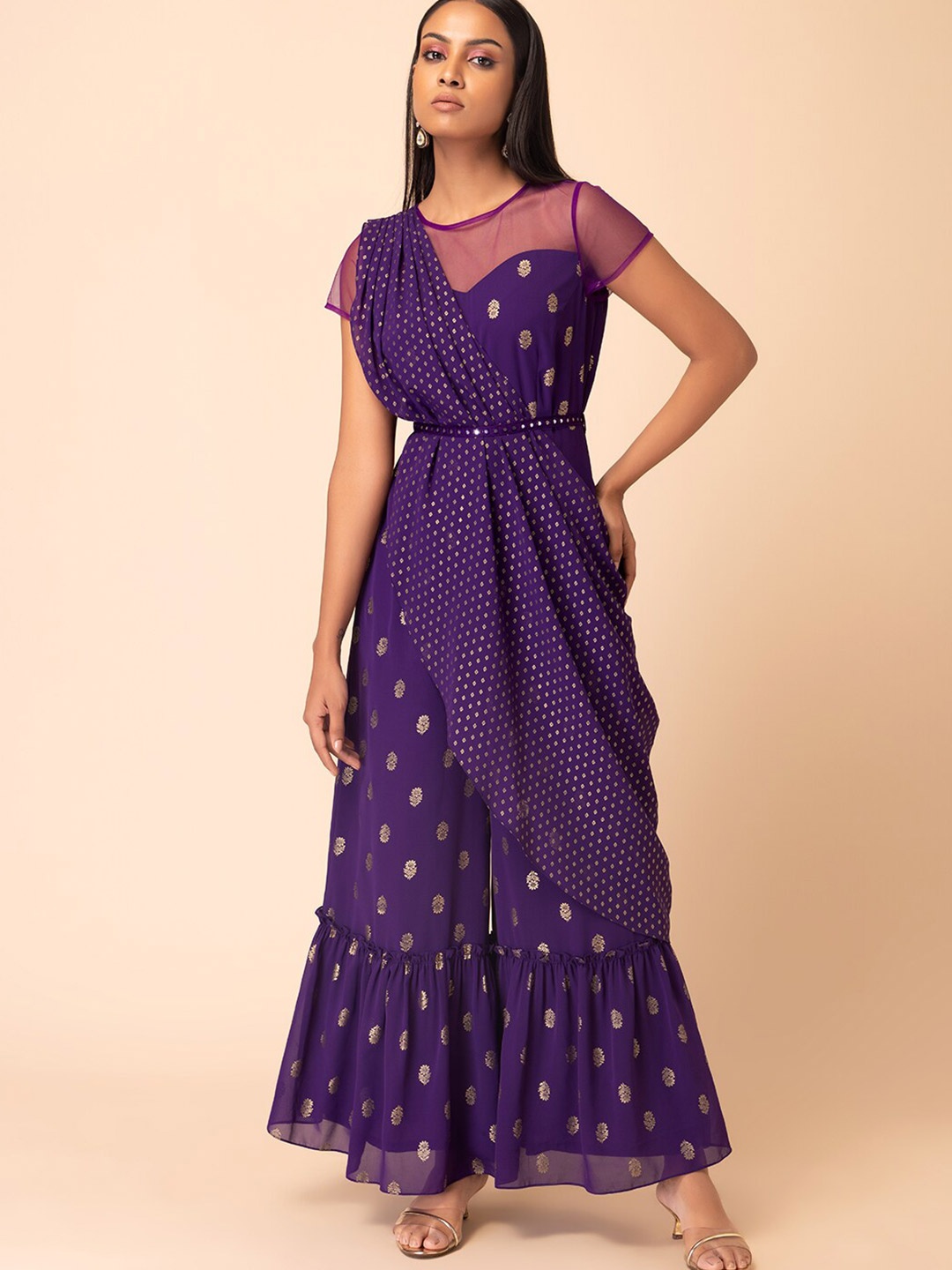 

INDYA Ethnic Motifs Printed Jumpsuit with Attached Dupatta & Belt, Purple