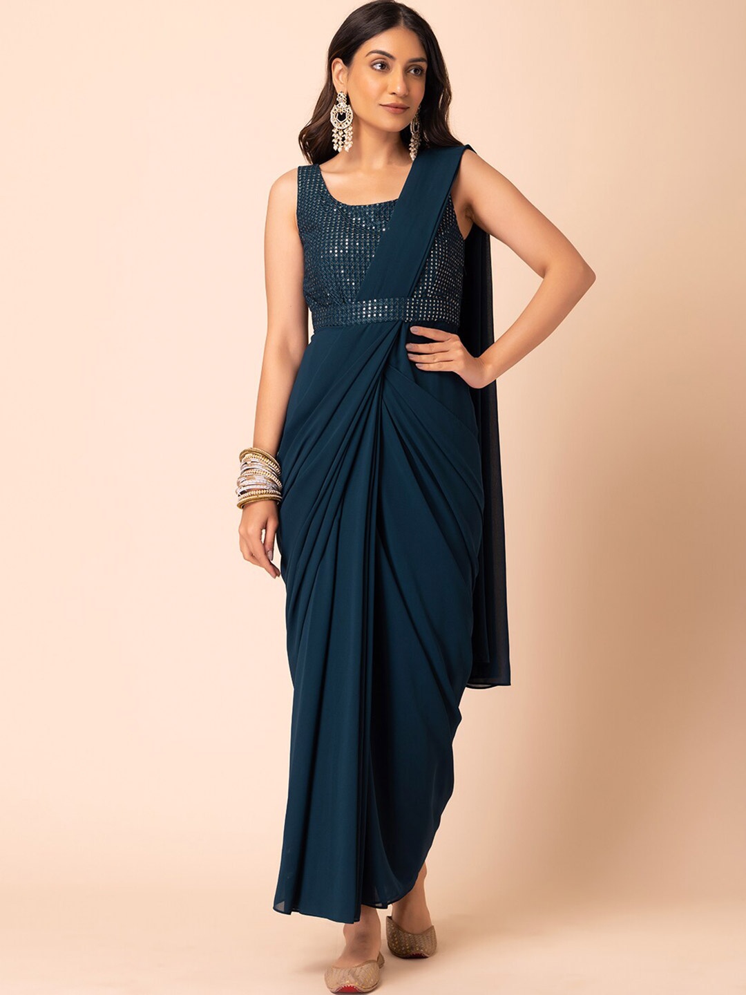 

INDYA Pre-Stitched Sarees & Attached Embroidered Blouse, Teal