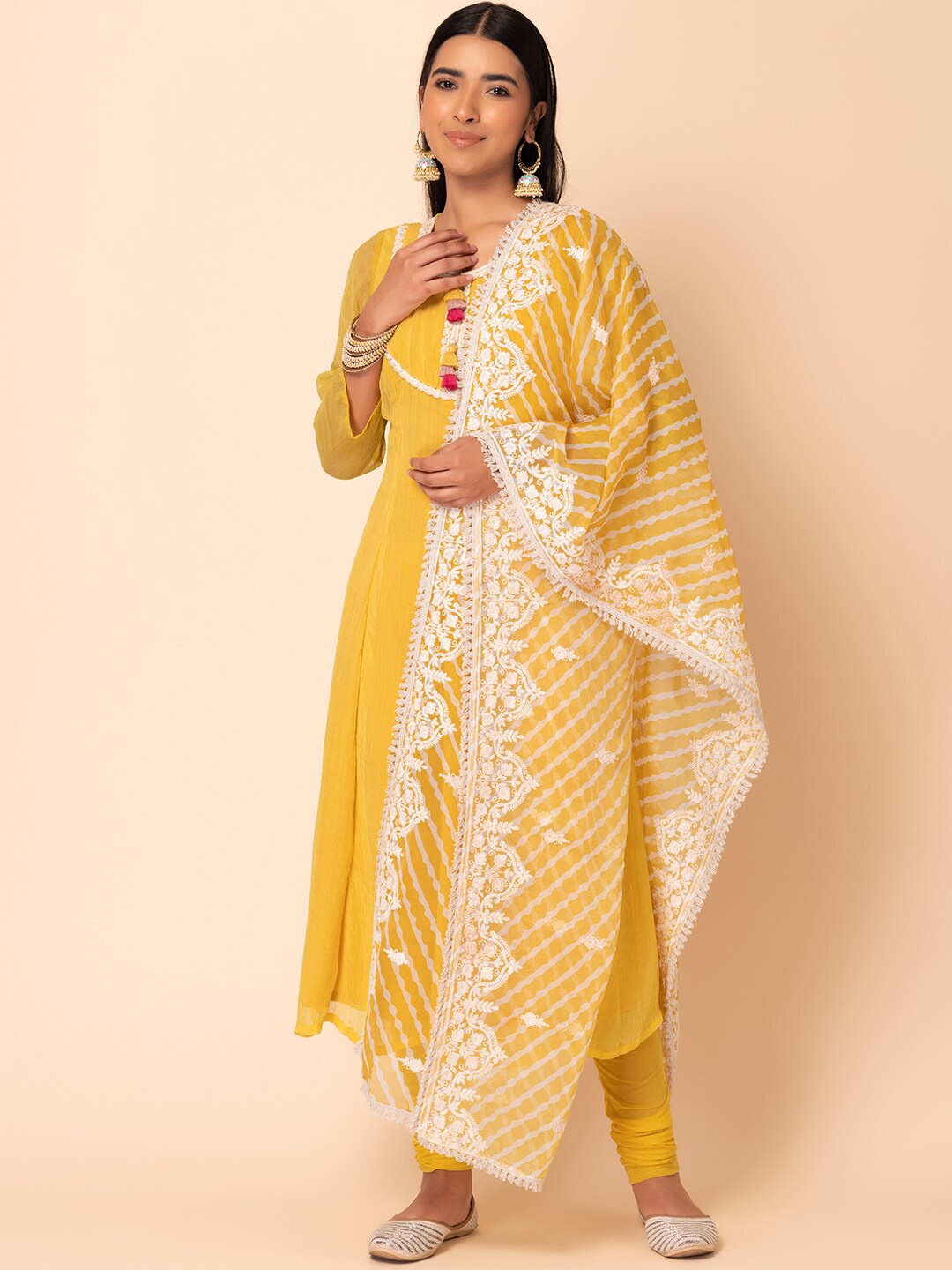 

INDYA Anarkali Kurta & Churidar With Embroidered Dupatta, Mustard