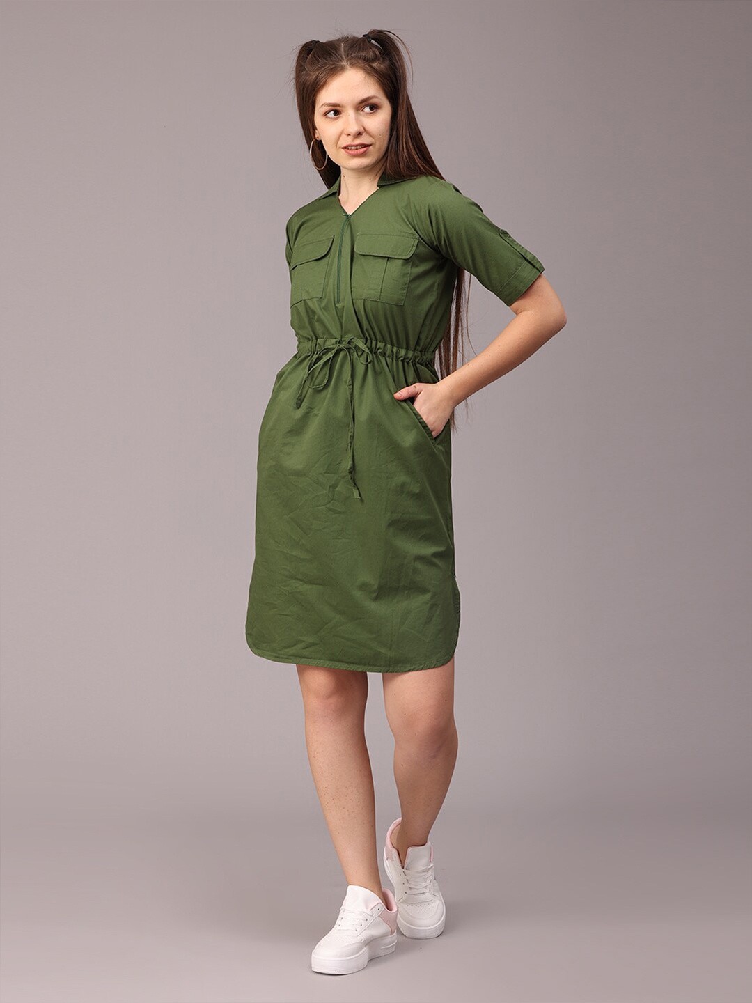 

NAYRA Shirt Collar Pocket Detailing Tie Ups Cotton Shirt Dress, Green