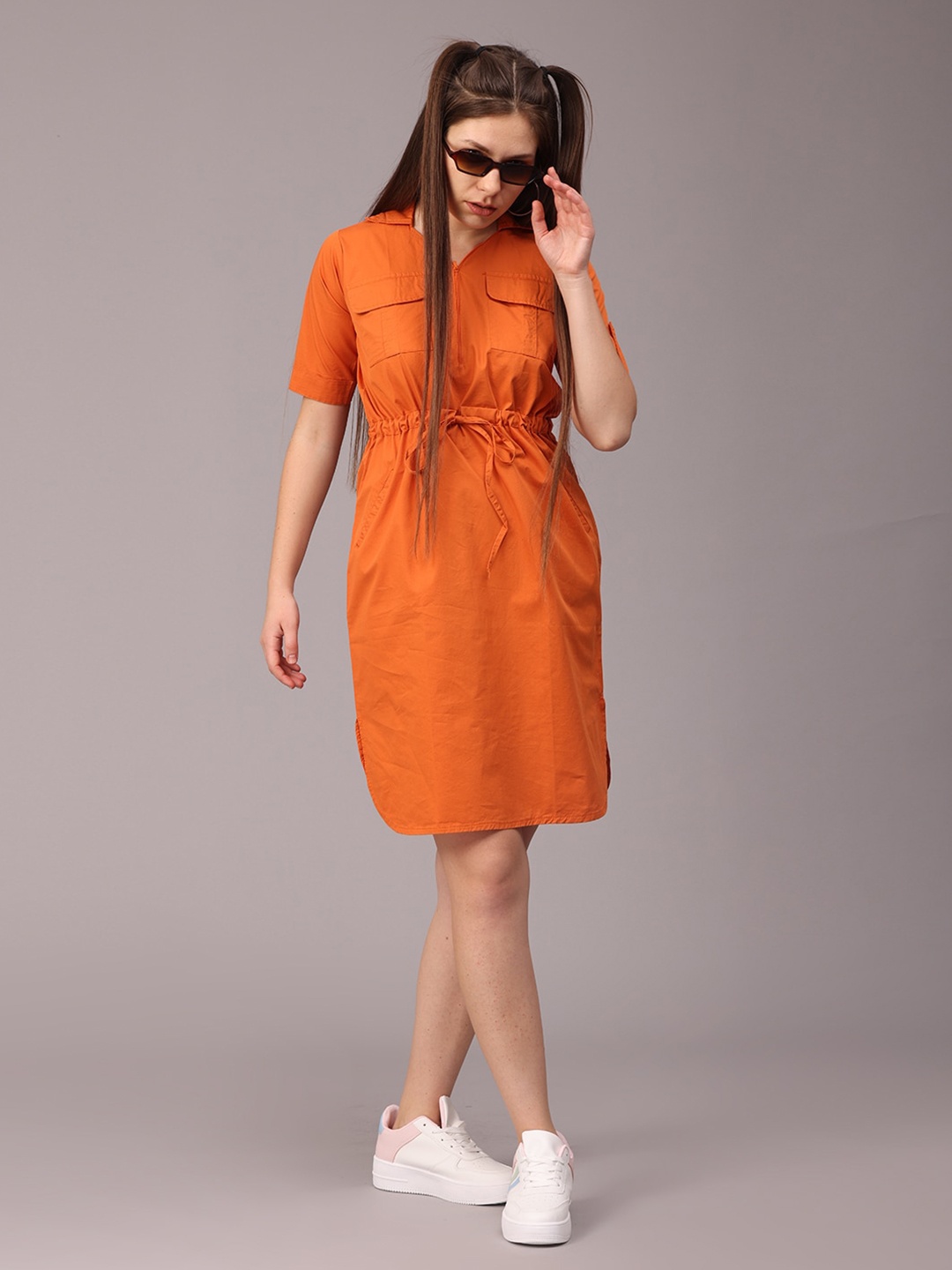 

NAYRA Shirt Collar Pocket Detailing Tie Ups Cotton Shirt Dress, Orange